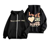 Sweat à capuche en coton avec fermeture éclair intégrale pour femme « Love Like Jesus » 2026 - Pull graphique chrétien vintage tendance avec cordon de serrage et doublure en polaire - Tenue gothique