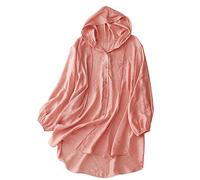 Sweat à capuche en coton et lin pour femme - Chemise décontractée ample boutonnée à manches longues pour l'été, la plage, vintage, tendance, chemisiers habillés, hauts tuniques légers, rose, L