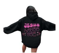 Sweat à capuche en coton pour femme « Jesus Jesus Loves You » - Confortable - Graphique chrétien - Trust In The Lord Backwoods 2025 - Tenue décontractée à capuche - Dieu religieux avec capuche, Noir