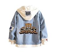 Sweat à Capuche en Denim Tigre Jean Faux Deux pièces Veste en Jean Manteaux Bouton vers Le Bas Sweat à Capuche pour Adolescent Adulte