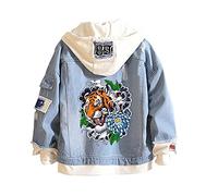 Sweat à Capuche en Denim Tigre Jean Faux Deux pièces Veste en Jean Manteaux Bouton vers Le Bas Sweat à Capuche pour Adolescent Adulte