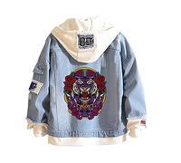 Sweat à Capuche en Denim Tigre Jean Faux Deux pièces Veste en Jean Manteaux Bouton vers Le Bas Sweat à Capuche pour Adolescent Adulte