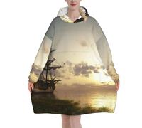 Sweat à capuche en flanelle imprimé « Ship In The Lake » - Couverture surdimensionnée pour adultes - Sweat à capuche portable avec poche pour adolescents, Noir , 320g flannel