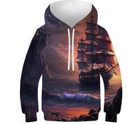 Sweat à capuche en forme de chat pour enfants - Imprimé 3D - Fantaisie - Manches longues - Pour garçons et filles, Paysage des bateaux pirates 1, 7-9 Years