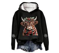 Sweat à capuche en forme de vache Highland pour femme - Pull de Noël doux et chaud - Pull de Noël décontracté et ample - Grande taille - Vêtements de rue - Essentiels de vacances, Noir , XL