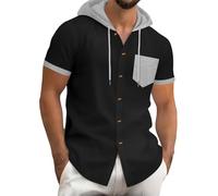 Sweat à capuche en lin pour homme - Chemise décontractée gaufrée avec poche de poitrine - Manches longues boutonnées - Col à bande boutonnée - Chemise d'été respirante avec cordon de serrage - Haut