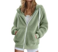 Sweat à capuche en peluche à fermeture éclair intégrale pour femme - Veste d'hiver moelleuse et chaude - Style décontracté - Manches longues - Avec capuche - Uni - Avec poches, B-vert., M
