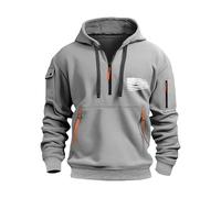 Sweat à capuche en polaire pour homme avec demi-fermeture éclair - Pull décontracté à manches longues - Couleur unie - Poche kangourou - Sweat-shirt de sport à col montant - Sweat-shirt de sport, gris