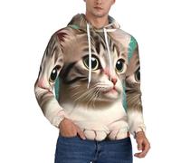 Sweat à capuche en polaire pour homme - Doux et chaud - Pull à imprimé chat curieux avec poche, streetwear tendance pour le printemps et l'automne, Noir/blanc, L