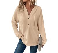 Sweat à capuche en tricot gaufré avec col en V et manches longues avec | Haut ample décontracté pour leggings d'automne pour se détendre, campus, voyage, maison, grande taille, doux au toucher