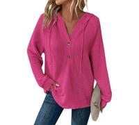Sweat à capuche en tricot gaufré avec col en V et manches longues avec | Haut ample décontracté pour leggings d'automne pour se détendre, campus, voyage, maison, grande taille, doux au toucher