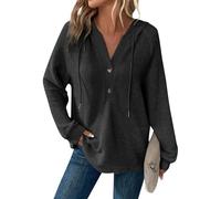 Sweat à capuche en tricot gaufré avec col en V et manches longues avec | Haut ample décontracté pour leggings d'automne pour se détendre, campus, voyage, maison, grande taille, doux au toucher