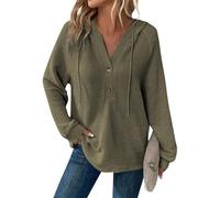 Sweat à capuche en tricot gaufré avec col en V et manches longues avec | Haut ample décontracté pour leggings d'automne pour se détendre, campus, voyage, maison, grande taille, doux au toucher