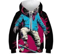 Sweat à capuche enfant 9-11 ans, motif chat 3D skateboard, manches longues.