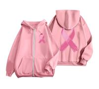 Sweat a Capuche Femme 2025 Octobre Rose Cancer du Sein Pull Sweat-Shirt pour Le Mois de Sensibilisation Zippé Imprimé Ribbon Rose Sweats avce Poches à Manches Longues pour Tenues Quotidiennes (XL)