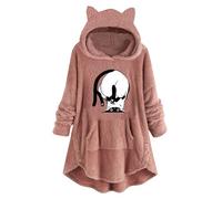 Sweat à Capuche Femme en Polaire- Sweatshirts Oreilles De Chat Manches Longues avec Poches Pullover Imprimé Oversize Chaude Casual Douce Pull Longue pour Adultes Ados IntéRieur ExtéRieur