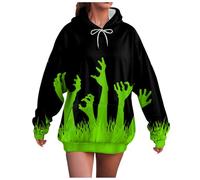 Sweat à Capuche Femme Halloween Zombie, Pull Long Mains Rouges Apocalypse, Hoodie Oversize Poche Kangourou Cordons, Effrayant Original Confortable, Soirées Cosplay Fêtes Automne Hiver