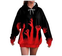 Sweat à Capuche Femme Halloween Zombie, Pull Long Mains Rouges Apocalypse, Hoodie Oversize Poche Kangourou Cordons, Effrayant Original Confortable, Soirées Cosplay Fêtes Automne Hiver