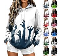 Sweat à Capuche Femme Halloween Zombie, Pull Long Mains Rouges Apocalypse, Hoodie Oversize Poche Kangourou Cordons, Effrayant Original Confortable, Soirées Cosplay Fêtes Automne Hiver