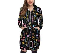 Sweat À Capuche Femme Long Zippé Avec Fleurs Sauvages Dessin Animé Imprimé - Style Graffiti Dessiné À La Main Hoodie À Manches Longues Avec Poches, Grande Taille S-5Xl, Décontracté Automne Hiver