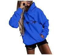 Sweat A Capuche Femme Manches Longues Imprimée Cordon Top Extérieur Travail Tshirt Marque Hauts Casual Doux Blouse Printemps Automne Surchemise Femme Bleu XL