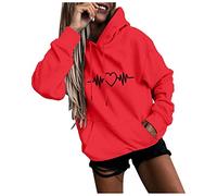 Sweat A Capuche Femme Manches Longues Imprimée Cordon Top Extérieur Travail Tshirt Marque Hauts Casual Doux Blouse Printemps Automne Tee-Shirt Rouge XL