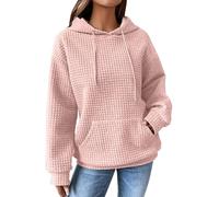 Sweat à Capuche Femme Waffle Pull Grande Taille Sweats Col Rond Mode avec Cordon Pullover en Polaire Baggy Couleur Unie Hoodie Longues Décontracté Sweatshirt Chic Automne Hiver Rose XXL