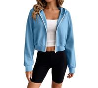 Sweat à Capuche Femme Zippé Court Manches Raglan Blouson Crop Coupe Ample