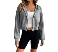 Sweat à Capuche Femme Zippé Court Manches Raglan Blouson Crop Coupe Ample