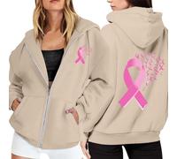 Sweat à Capuche Femme Zippé Octobre Rose pour Femme Cancer du Sein CœUr Rose Ruban Manches Longues DéContracté Chaud Streetwear Oversize Grande Taille avec Poches Hoodie Sweatshirt