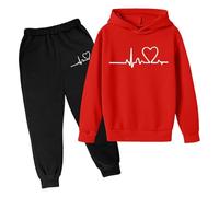 Sweat à Capuche Fille Garçon Enfant Unisexe Deux Pièces Automne Hiver Pullover Sweat Shirt Pantalon Nouveau Populaire Imprimé Coeur Vêtements Corsage(Red, 6-7 Years)