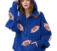 Sweat à capuche Game Day surdimensionné à paillettes avec demi-fermeture éclair pour femme, bleu, 4XL