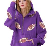 Sweat à capuche Game Day surdimensionné à paillettes avec demi-fermeture éclair pour femme, violet, XL
