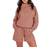 Sweat à capuche graphique ample tendance à col bénitier et short ensemble de jogging à col rond pour femme, rose, M
