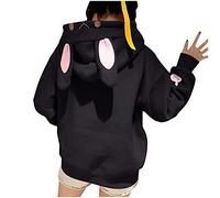 Sweat à capuche graphique avec oreilles de lapin - Imprimé oreilles de lapin - Joli ample avec oreilles de lapin - Solide - Poche avant - Pour femme, Noir , M