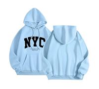 Sweat à capuche graphique de New York pour femme - Pull universitaire à capuche d'automne - Coupe ample tendance - Sweat décontracté confortable avec motifs Y2K - Coupe ample personnalisée, bleu clair