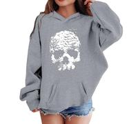 Sweat a Capuche Halloween Enfant Fille 1-14 Ans a la Mode Imprimé Tête de Mort Sweatshirt Pullover Ado Fille Manche Longue Hiver Confortable Casual Jogging Vacances Haut Tops (Grey, 9-10 Years)