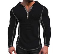 Sweat à capuche Henley en tricot gaufré pour homme, pull à capuche à bouton 1/4 pour homme, pull à capuche tendance décontracté avec cordon de serrage, couleurs contrastées, coupe ajustée, sweat à