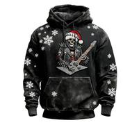 Sweat à Capuche Homme Polyester Imprimé Squelette Guitare Flocon de Neige | Graphic | Pull noir à manches longues, poche avant, poignets côtelés et motif flocon de neige sur les manches et le corps
