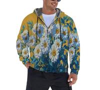 Sweat À Capuche Homme Pull Hiver Zippé,Plantes Et Fleurs Sweatshirt À Capuche Homme Chaud Et Confortable,Marguerites Blanches Motif Feuilles Vertes Sportswear Et Veste Travail Décontractée,Jaune,S