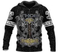 Sweat à capuche imprimé 3D à manches longues pour hommes, mythologie nordique Odin Thor's Hammer and Celtic Dragon Pattern Pullover Sweatshirt, Automne Unisexe Hop Hop Street Jacket