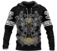 Sweat à capuche imprimé 3D à manches longues pour hommes, mythologie nordique Odin Thor's Hammer and Celtic Dragon Pattern Pullover Sweatshirt, Automne Unisexe Hop Hop Street Jacket