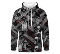 Sweat à capuche imprimé crâne pour homme avec cordon de serrage et manches | Sweat à capuche avec motif tête de mort monochrome et motif géométrique sur le devant, manches longues et côtelé