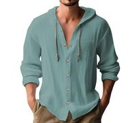 Sweat à capuche léger en coton et lin pour homme avec poche poitrine - Haut de plage d'été boutonné - Col grand-père - Chemise ample à manches longues - Chemise d'été en lin, bleu clair, S