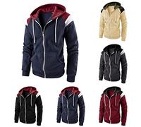 Sweat à capuche léger en patchwork pour homme - Fermeture éclair intégrale - En tricot - Coupe ajustée - Manches longues - Avec cordon de serrage - Coupe droite - Automne et hiver, Noir , XL