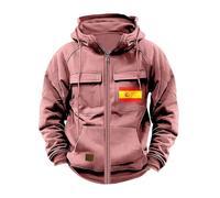 Sweat à capuche militaire pour homme - Fermeture éclair intégrale - Pull de combat - Avec cordon de serrage - Coupe-vent - Pour l'hiver - Chaud - Imprimé drapeau espagnol - Sweatshirts unis, rose, S