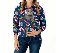 Sweat À Capuche Noel Femme avec Poche pour Pet Chat Et Chien, Pull Porte-Animal avec Poche Kangourou Grand Taille pour Transport Animaux pour Maîtresse d'animal De Compagnie Bleu L