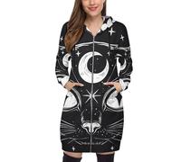 Sweat à Capuche Noir à imprimé Chat au Genou pour Femme, Style Moderne et Abstrait, imprimé 3D, décontracté, avec Poches