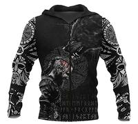 Sweat a Capuche Nordique Odin Fenrir Tête de Mort, Rune de Tatouage de Loup Celtique Vegvisir pour Hommes Viking Imprimé en 3D Streetwear, Harajuku Veste Ample,Zip,S