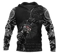 Sweat a Capuche Nordique Odin Fenrir Tête de Mort, Rune de Tatouage de Loup Celtique Vegvisir pour Hommes Viking Imprimé en 3D Streetwear, Harajuku Veste Ample,Hoodie,4XL